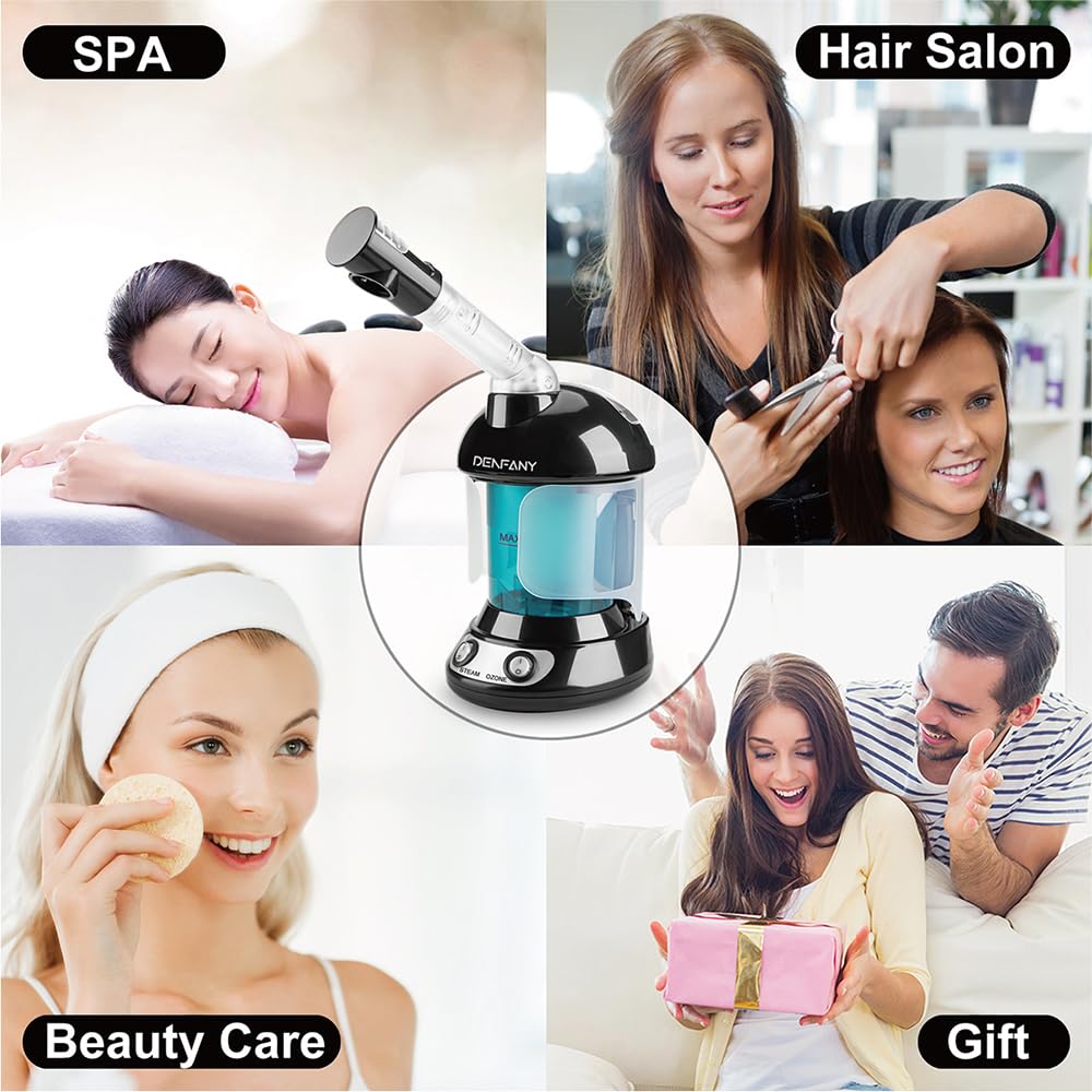 Facial Steamer - DENFANY Nano Ionic Face Steamer with Extendable 360° Rotating Arm - Portable Facial Steamer for Personal Care at Home or Salon (): Black