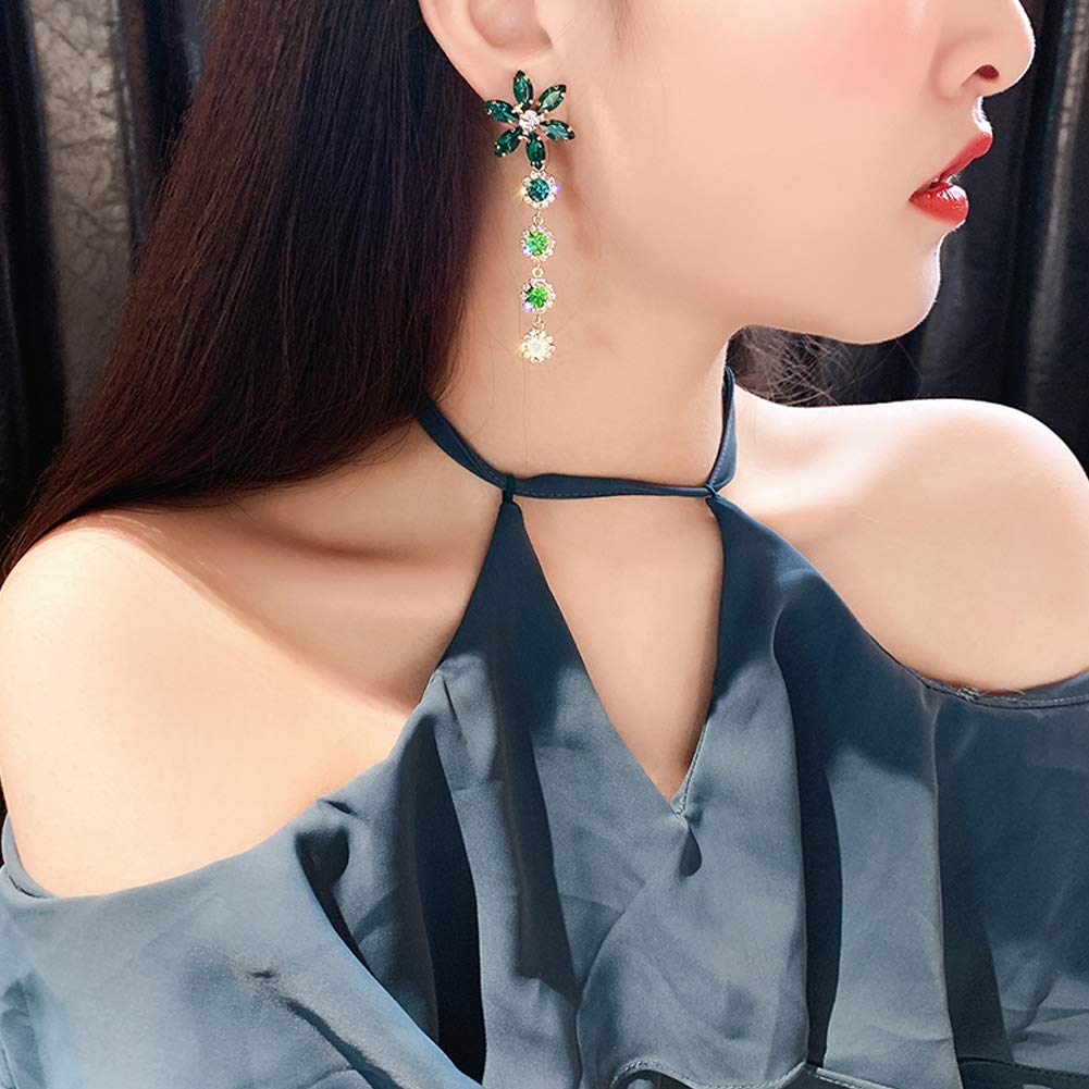CMBSSTFC Orecchino ad ago in Argento Sterling S925 Petalo con Strass Lucidi orecchino a Bottone Lungo con Nappa da Donna Gioielli ipoallergenici