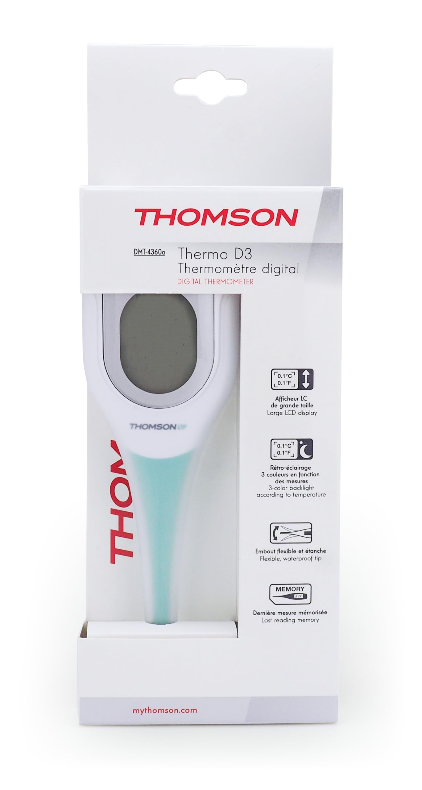 THOMSON Thermo D3 Thermomètre Digital - Fièvre Bébé Enfant Adulte - Mesure Rapide <10s, Haute Précision - Écran LCD Rétroéclairé 3 Couleurs - Mémoire - Usage Oral Axillaire Rectal - Étanche IP27