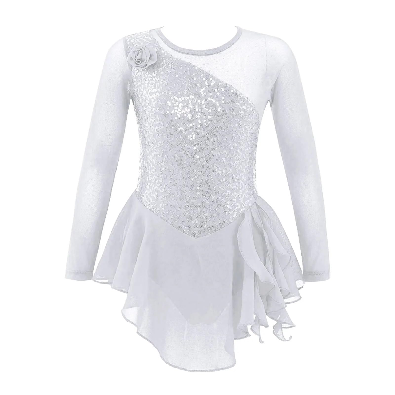 Maillot patinaje artistico Vestido de leotardo gimnástico con lentejuelas for niñas, traje de baile for niños, vestido de patinaje sobre hielo de manga larga de malla, Ropa de baile for actuaciones(Wh