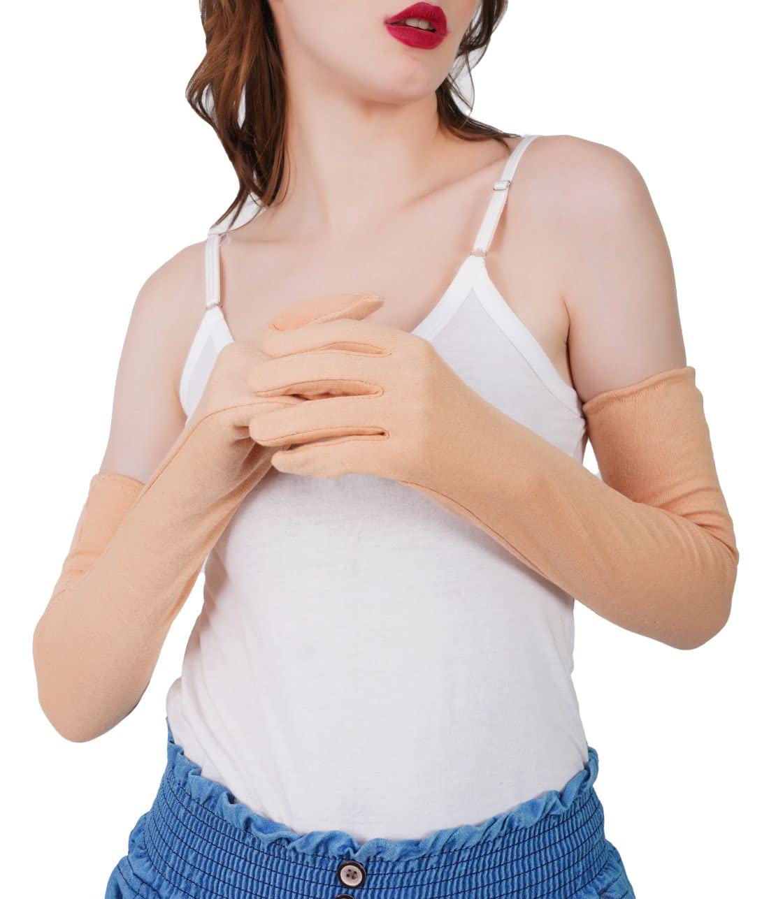 Teemoods Womens Full Arm Gloves for Protection Against Sun UV Rays, Tanning, Pollution and Dust, Beige, 1 Pair 4