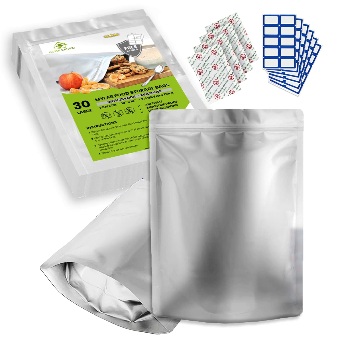 30pcs 1 Gallon Mylar Bags for Food Storage with Oxygen Absorbers 300cc