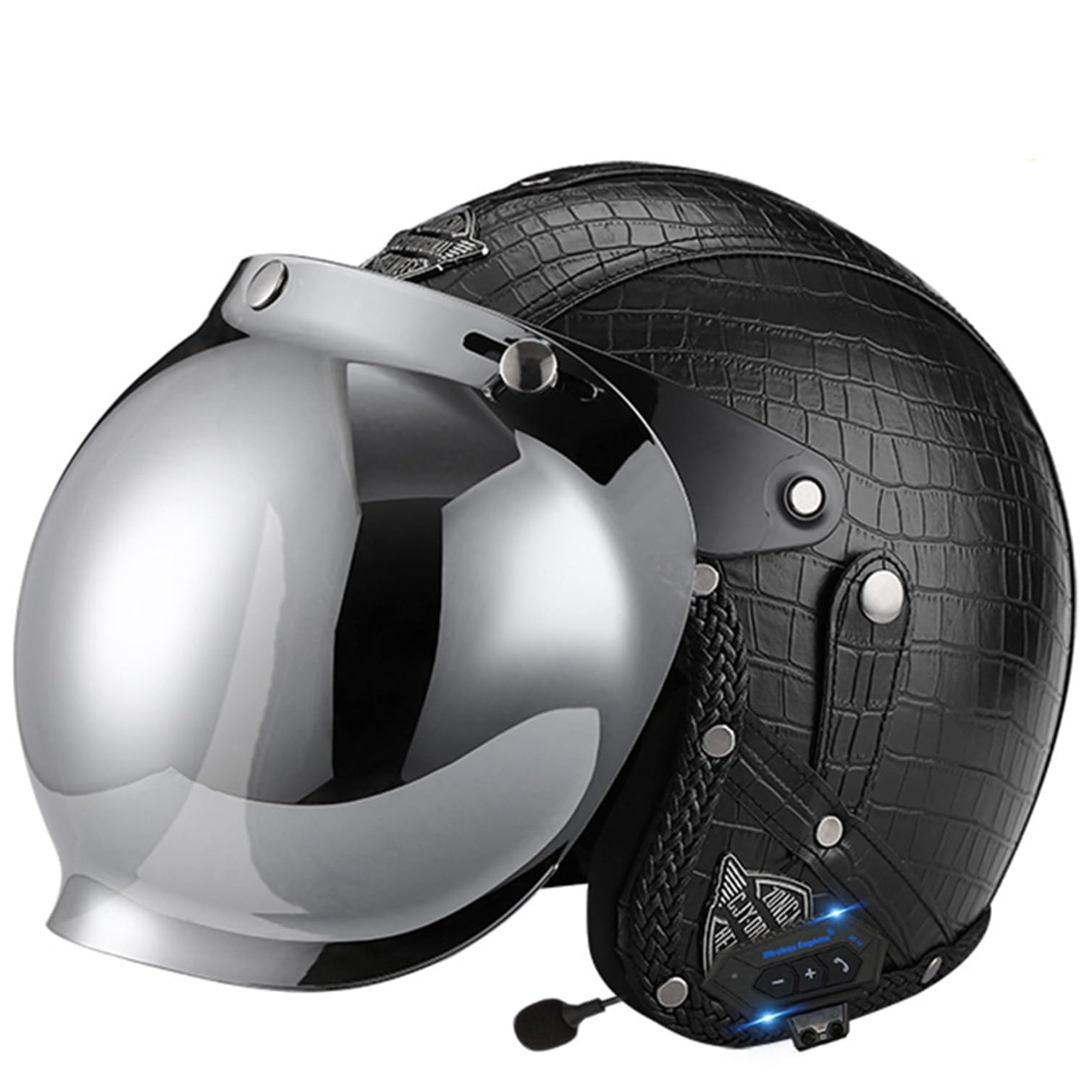 Casque de moto jet en cuir vintage avec bluetooth pour adulte taille L