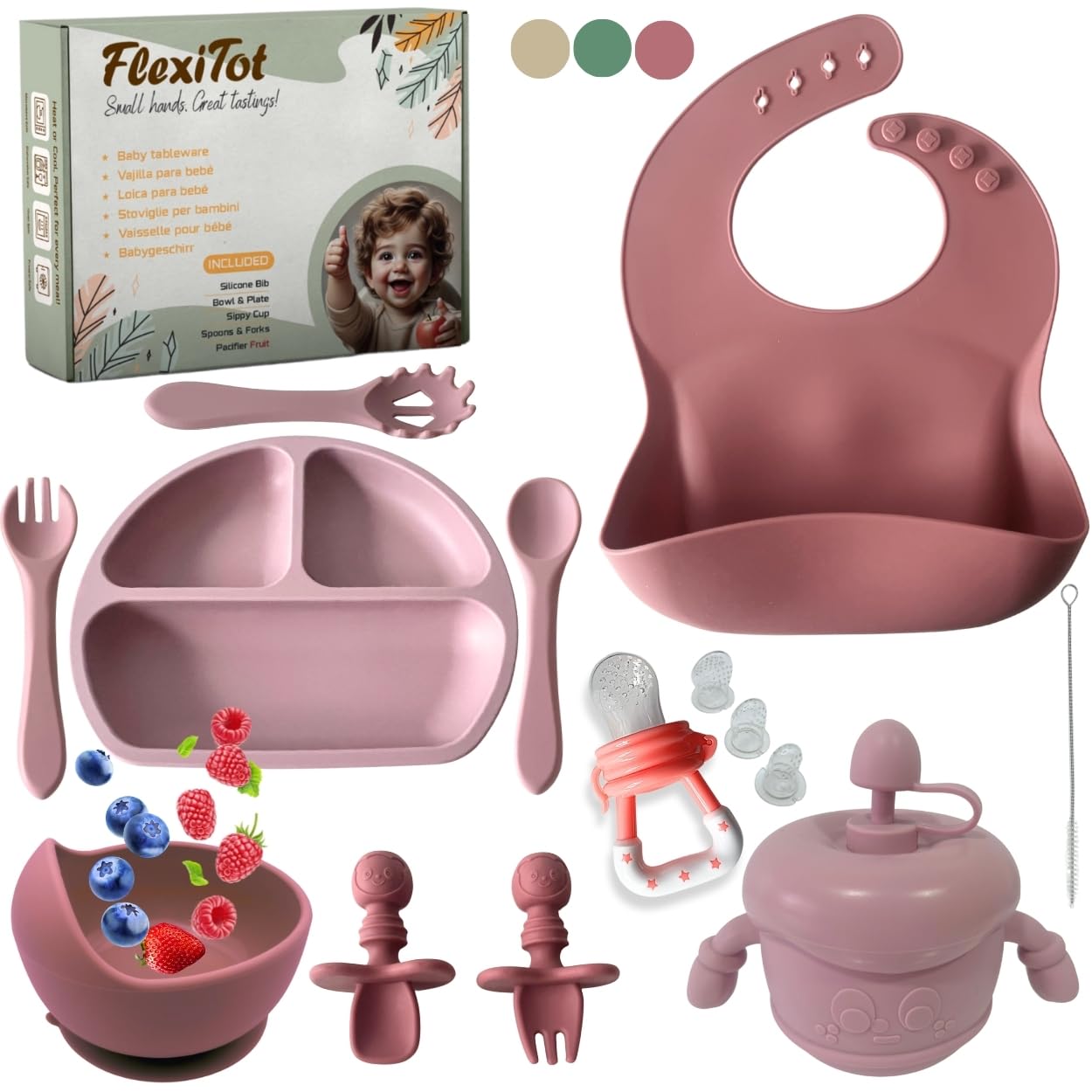 FlexiTot | Set prima pappa svezzamento – Cucchiaio silicone, bicchiere, contenitore frutta, piatto con ventosa, babero impermeabile, ciotola antiscivolo, accessori BLW | 6+ mesi | Rosa |Senza BPA