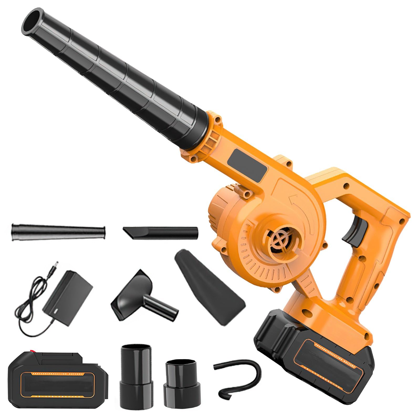 Soplador de hojas inalámbrico de 21 V con batería y cargador, aspirador y soplador de jardín, 550 W,Soplador de hojas inalámbrico para soplado de hojas/nieve/polvo (1 batería, amarillo)