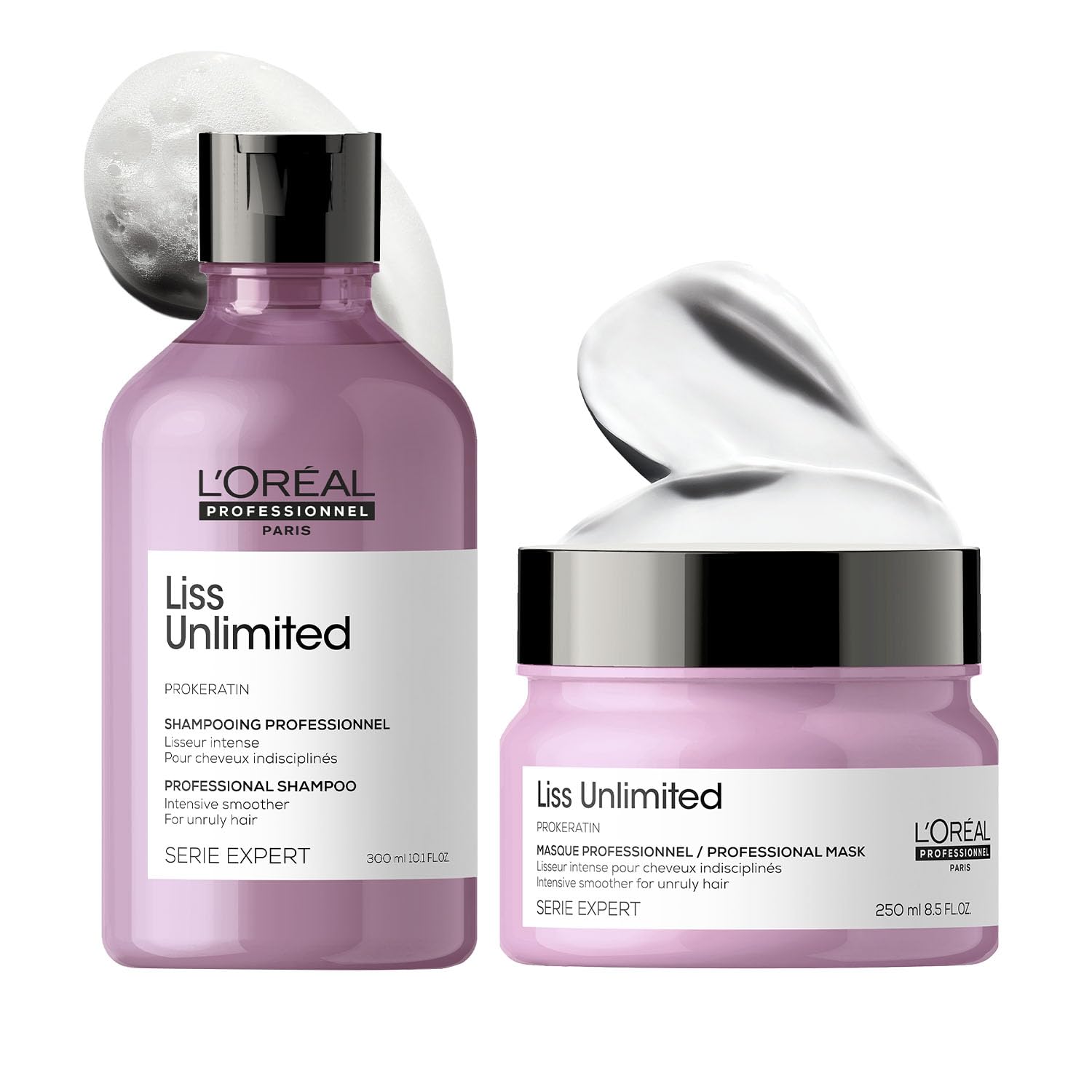 L'Oréal Professionnel Liss Unlimited Shampoo 300ml & Mask 250ml for Frizzy & Unruly Hair | Intensive Smoothing Shampoo & mask for Frizz-Control | Enriched with Pro-Keratin | Increases Softness & Shine