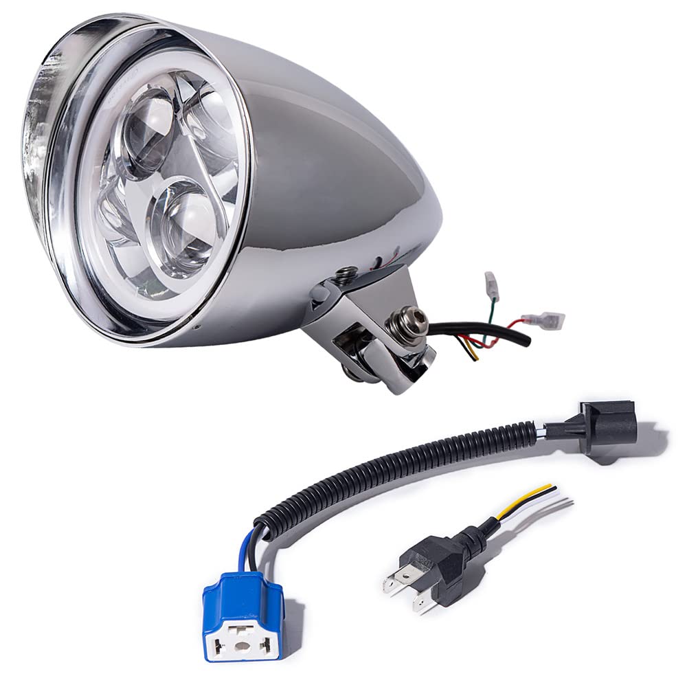 AMOPA New CREE LED Version Chrome Billet 5 3/4 inch Custom Headlight Head Lamp Tri-Bar with Visor + Set H4 Harness Compatible with Harley Sportster