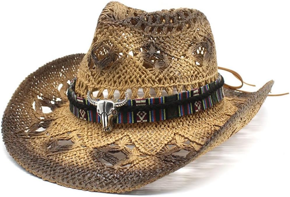 Western Straw Cowboy Hat with Tribal Band, Bull Skull Accent, Brown Two-Tone