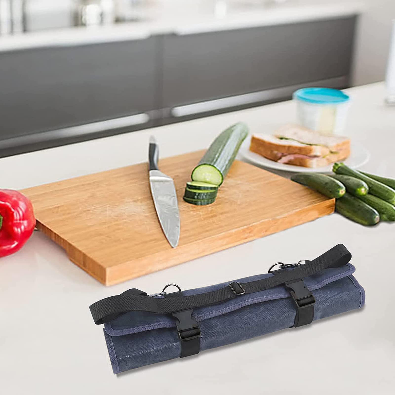 HERSENT - Bolsa Enrollable para Cuchillos de Chef de Lona Encerada, Portador de Cuchillos de Chef portátil, Soportes para Cuchillos con 10 Ranuras más 1 Bolsillo con Cremallera Que Puede Contener