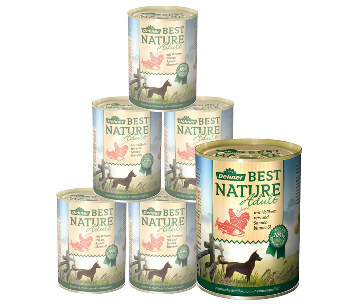 Dehner Best Nature Grain Free Wet Dog Food for Adult Dogs, Salmon, Poultry, Rice, 6 x 400g Cans