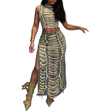KANSOON Skirt Sets Women 2 Piece Outfits Denim Ripped Distressed Sleeveless Crop Tank Tops and Split Maxi Skirt Set