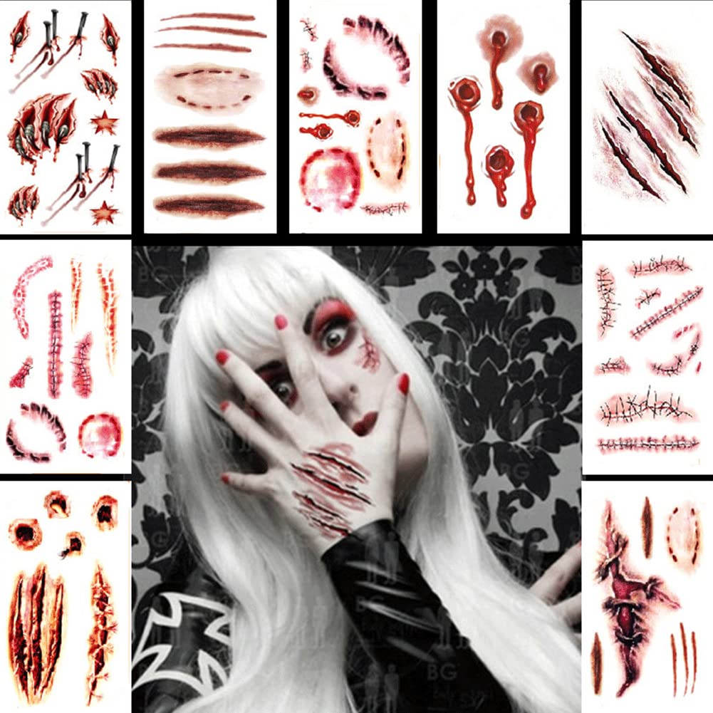 Photo 1 of 11 Sheets Halloween Scar Temporary Tattoos, Bloody Wound Stitch Vampire Bite, Realistic Fake Weird Wounds Knife Scars Waterproof Tattoo Stickers Set DIY Halloween Decoration Party Supplies
