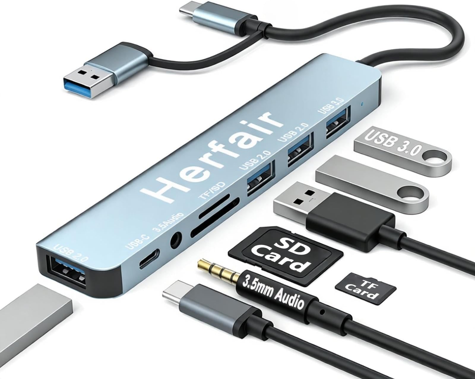 USB Hub 3.0 USB C Hub with SD Card Reader Audio Jack 8 in 1 USB Extender Splitter Multiport Dongle Adapter for MacBook Pro Air and More PC/Laptop/Tablet Devices