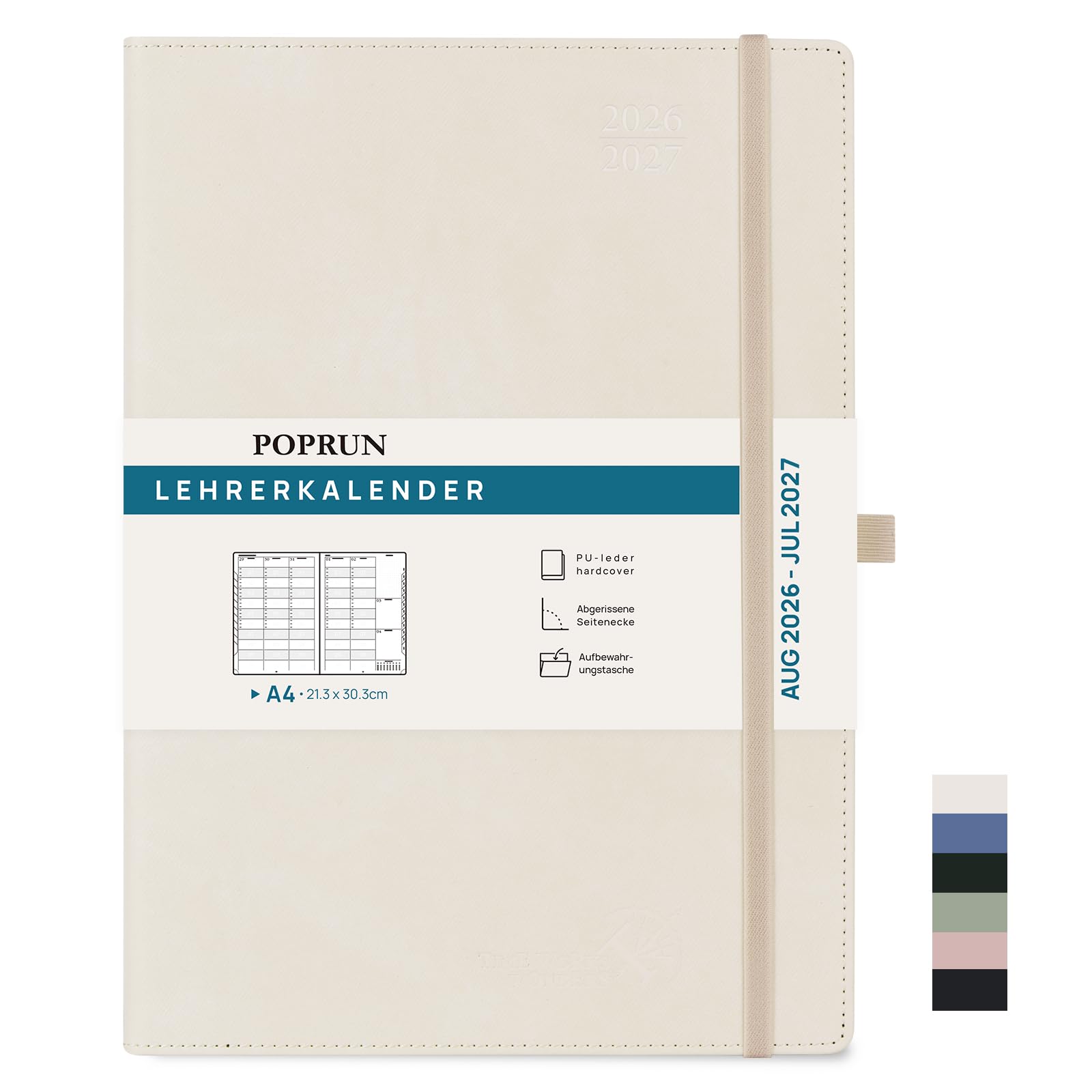 POPRUN Lehrerkalender 2026 2027 A4 auf Deutsch - Lehrerplaner 26/27 für die Unterrichtsvorbereitung mit Monatliches Register. Schulplaner mit PU-Leder Hardcover für Lehrerinnen und Lehrer (Beige)