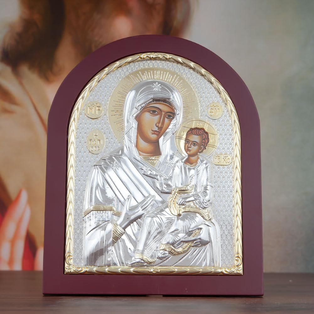 Icona ortodossa della Vergine Maria e Gesù Bambino, placcata in argento e oro, perfetta per la casa o la chiesa (rosso)
