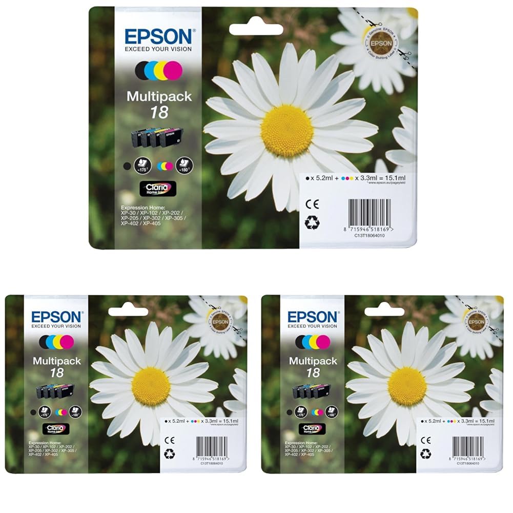 Epson Orginal 18 Tinte Gänseblümchen, XP-305 XP-402 XP-215 XP-312 XP-315 XP-412 XP-415 XP-225 XP-322 XP-325 XP-422 XP-425,Normalverpackung,Standard, (Multipack, 4-farbig) (Packung mit 3)