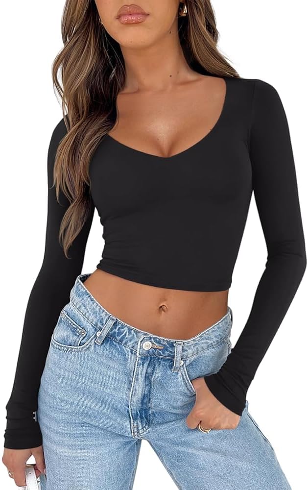 REORIA Women's V Neck Long Sleeve Slim Fitted Crop Tops Soft Layering Basic Shirt 2024 Fall Going Out Top X-Large Black