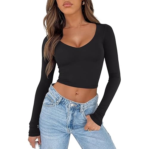 REORIA Women's V Neck Long Sleeve Slim Fitted Crop Tops Soft Layering Basic Shirt 2024 Fall Going Out Top
