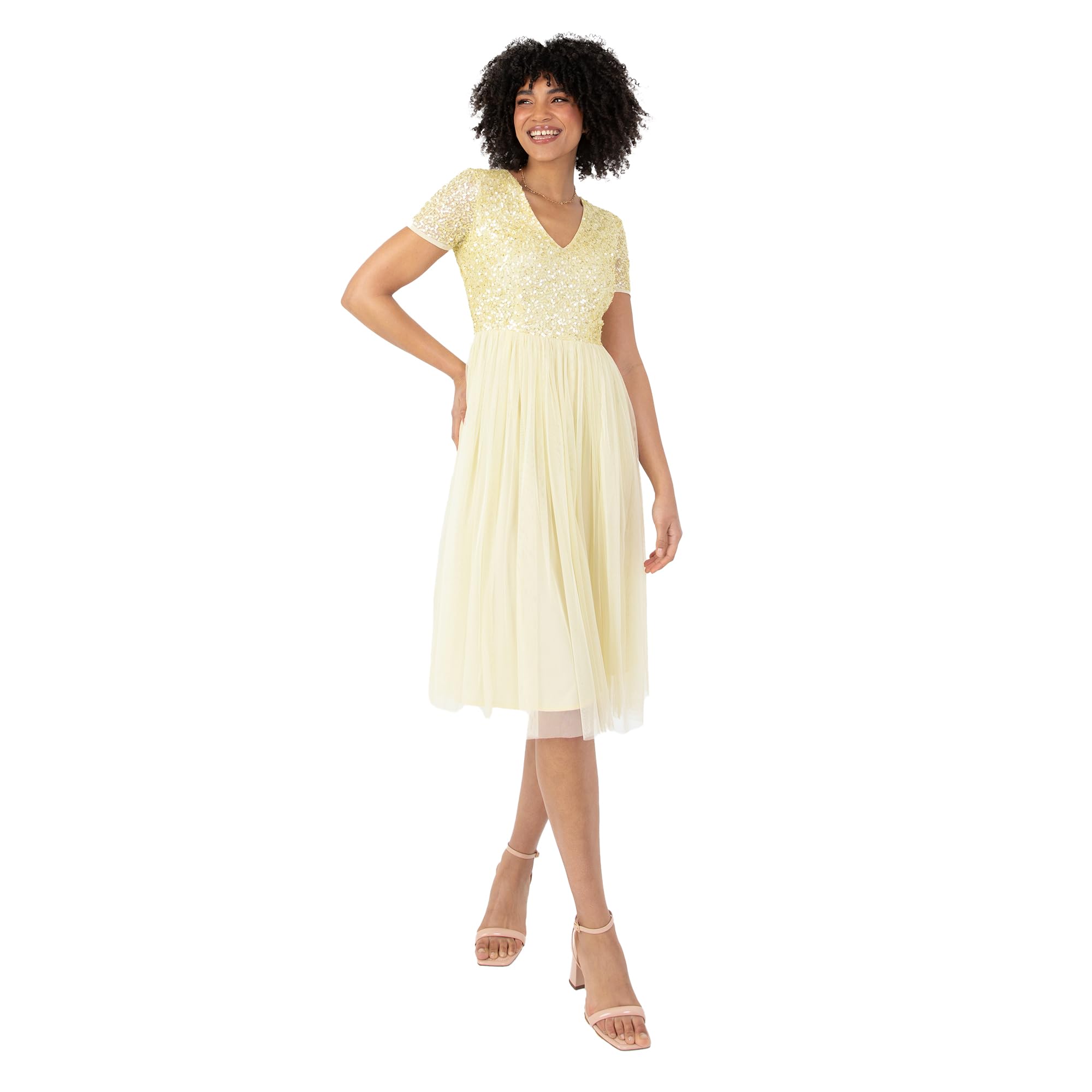 Maya Deluxe Abendkleid mit Pailletten - Cocktailkleid Damen mit V-Ausschnitt - Tüllkleid Damen mit Kurzen Ärmeln