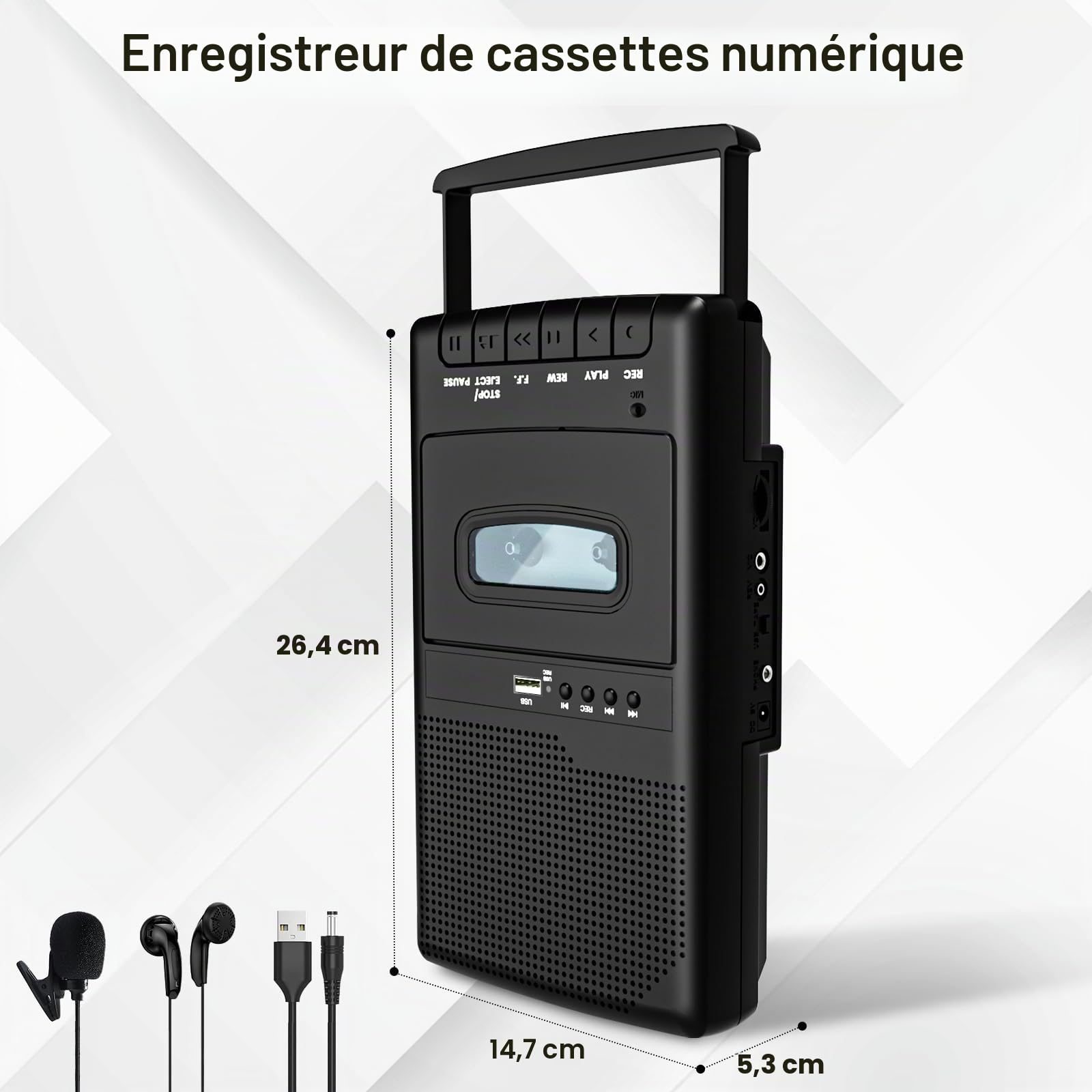 Lecteur Cassette Portable,Enregistreur de Cassettes,Convertisseur Numérique de Cassettes vers Disque Flash USB, Haut-Parleur Intégré, Poignée Rétractable