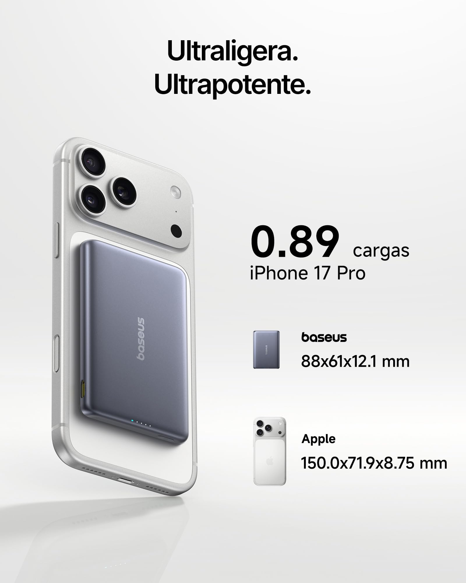 Baseus Picogo AM31 20W Bateria Externa Magsafe, 5000mAh Ultra Fino Power Bank Magsafe con Cable USB C, Bateria Portatil Magnetica, para iPhone 17/16/15/14/13/12, Gris