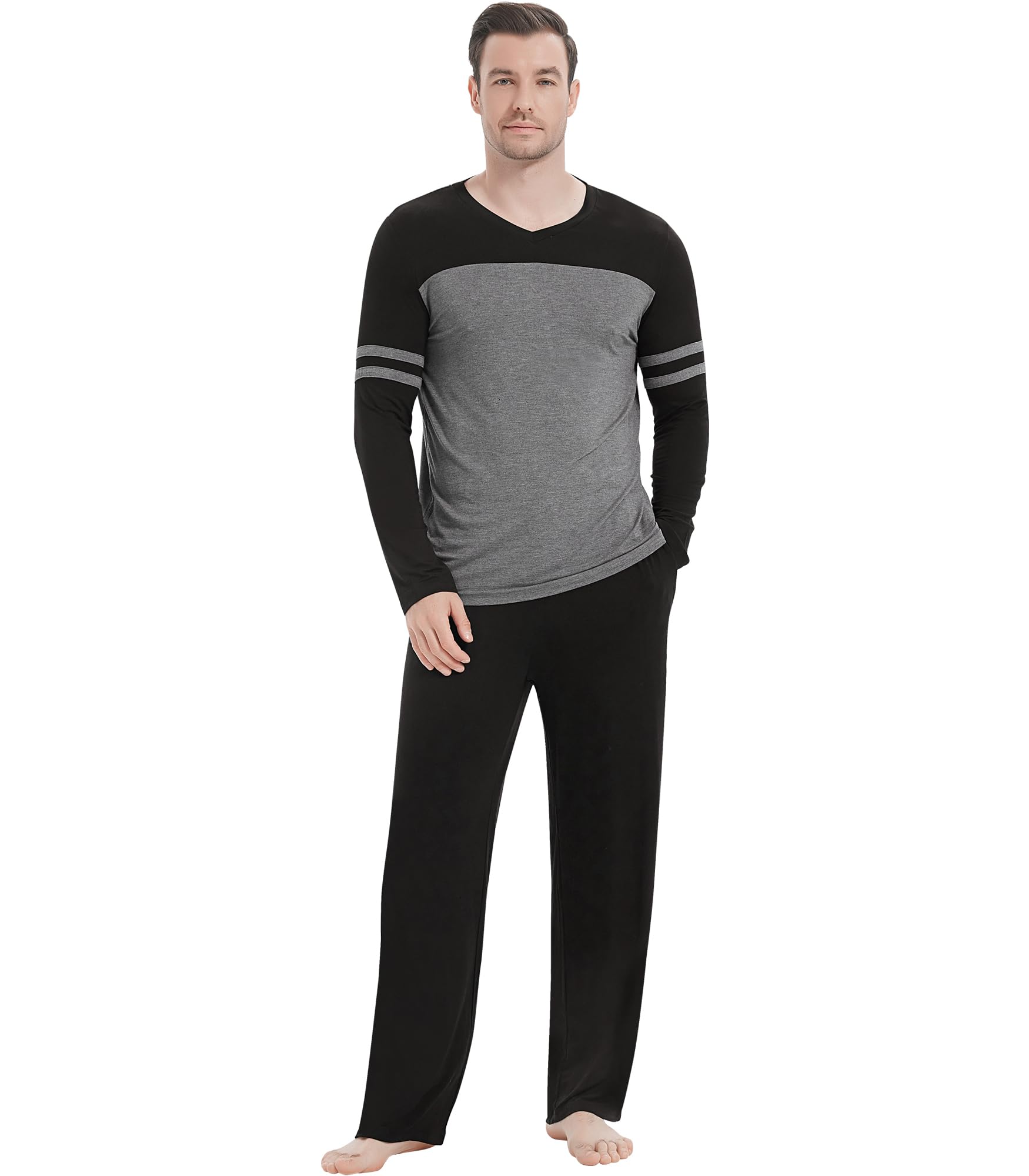 NACHILA Mens Pajamas Set Viscose Made from Bamboo V Neck Top Sleep Pants