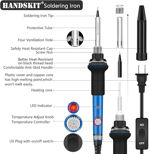 Miniatura 2 de Kit de soldador electrónico, 21 en 1, soldador de temperatura ajustable de 60 W, 5 puntas de soldador, soporte de soldador, bomba de desoldadura,