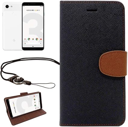 シズカウィル(shizukawill) Google Pixel3 専用 手帳型 ケース カバー 2WAYワンタッチ着脱ストラップ付 カード収納あり  グーグル docomo ピクセル3 Softbank Pixel 3 手帳ケース 黒×茶