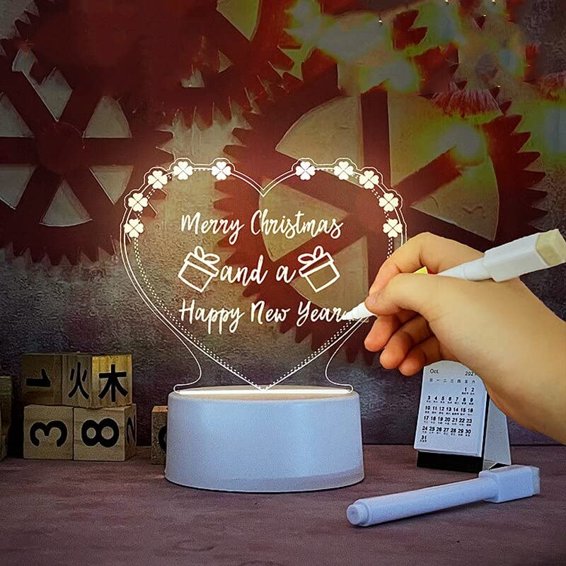 Led Night Light USB Message Board Creative Note Board Led Night Light Rewritable Message Board with Pen Warm Soft Light USB Night Lamp Decoration Christmas Gifts (Heart)