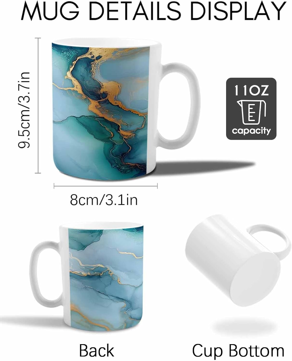 Ceramic Coffee Mug Marble Blue Gold Ceramic Mug White Cup, Simple Abstract Texture Insulated Coffee Cup with Handle with Pattern Perfect for Tea and Hot Beverages, 12oz