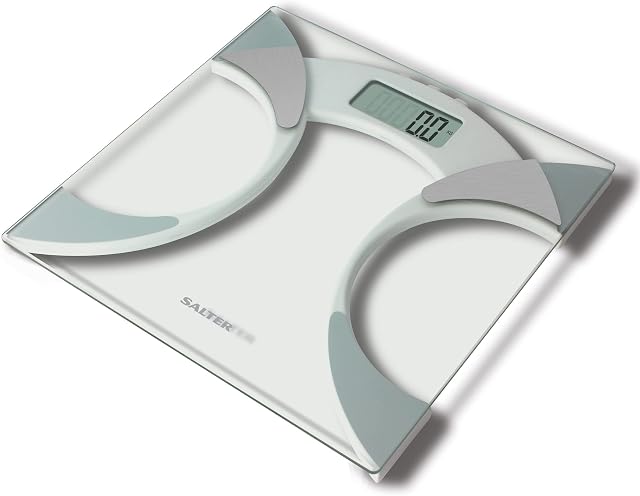 Salter 9141 WH3R Bathroom Scales, Ultra Slim Glass Analyser, Digital Scale For Weight, Body Fat/Water and BMI, 4 User Memory, Tap Start, Carpet Feet for Accuracy on Uneven Floors, 160 KG Capacity