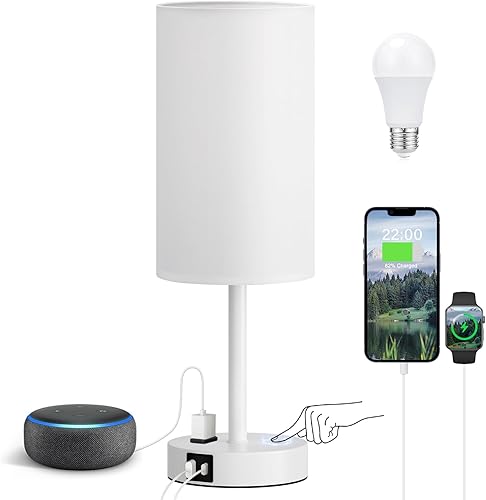 Vista 7 de Fenmzee Juego de lámparas de mesa pequeñas táctiles regulables de 2 a 3 vías, carga USB A + C, salida de CA, base de grano de madera, bombillas