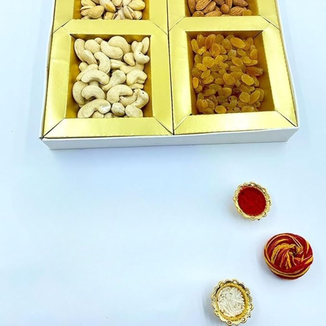 Premium Diwali Gift Hamper for Brother & Bhaiya-Bhabhi | 400g Dry Fruits - Kaju, Badam, Pista & Kishmish | Hamper with Roli, Chawal & Moli | Elegant Festive Gift Box |Diwali and Bhai duj Combo 1