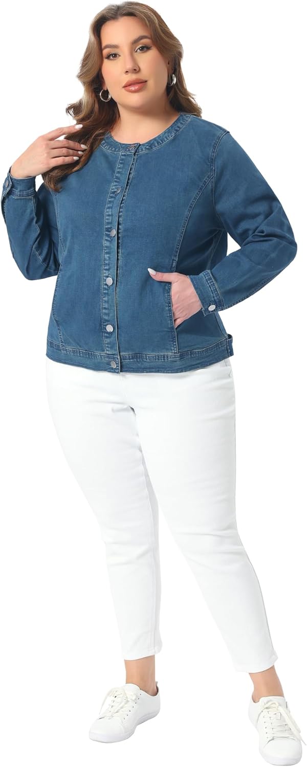 Agnes Orinda Women's Plus Size Denim Jacket Collarless Button Down Cargo Jean Jackets Shacket
