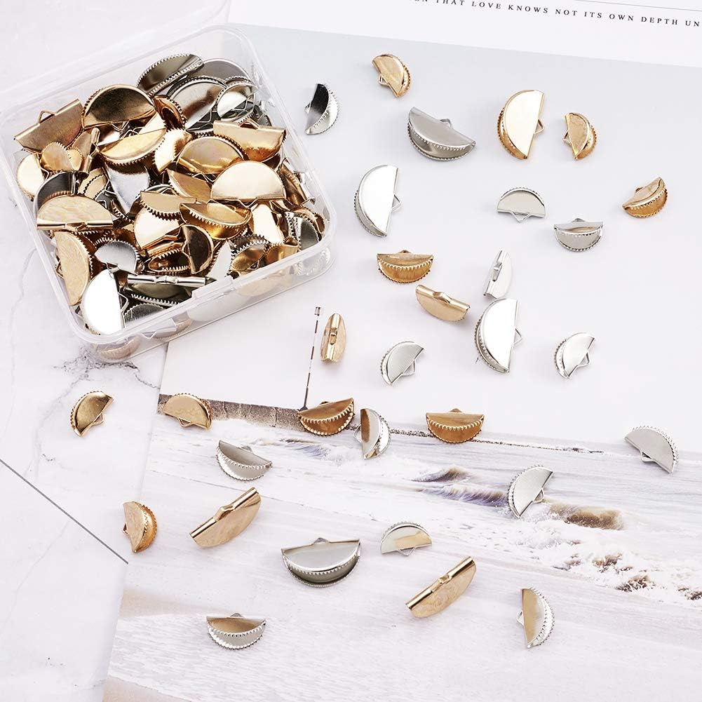 120Pcs/Box Iron Half Round Ribbon Crimp Ends Golden& Platinum Bracelet Bookmark Pinch Clamp Cord End Finding for Jewelry Making