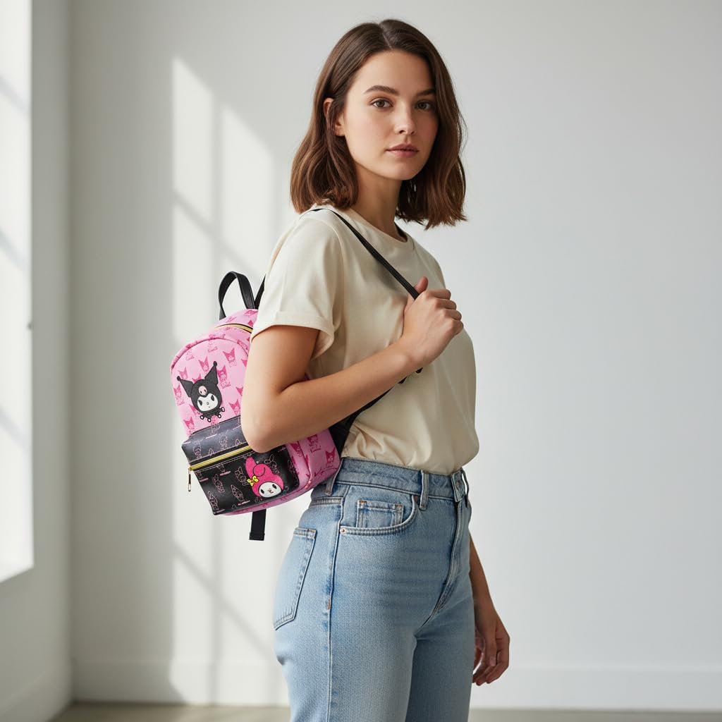 Fast Forward Sanrio Kuromi and My Melody Mini Backpack for Girls | PU Leather Daypack Backpack Featuring Kuromi and My Melody | Small Travel Bag, Lightweight Backpack | Ages 3+