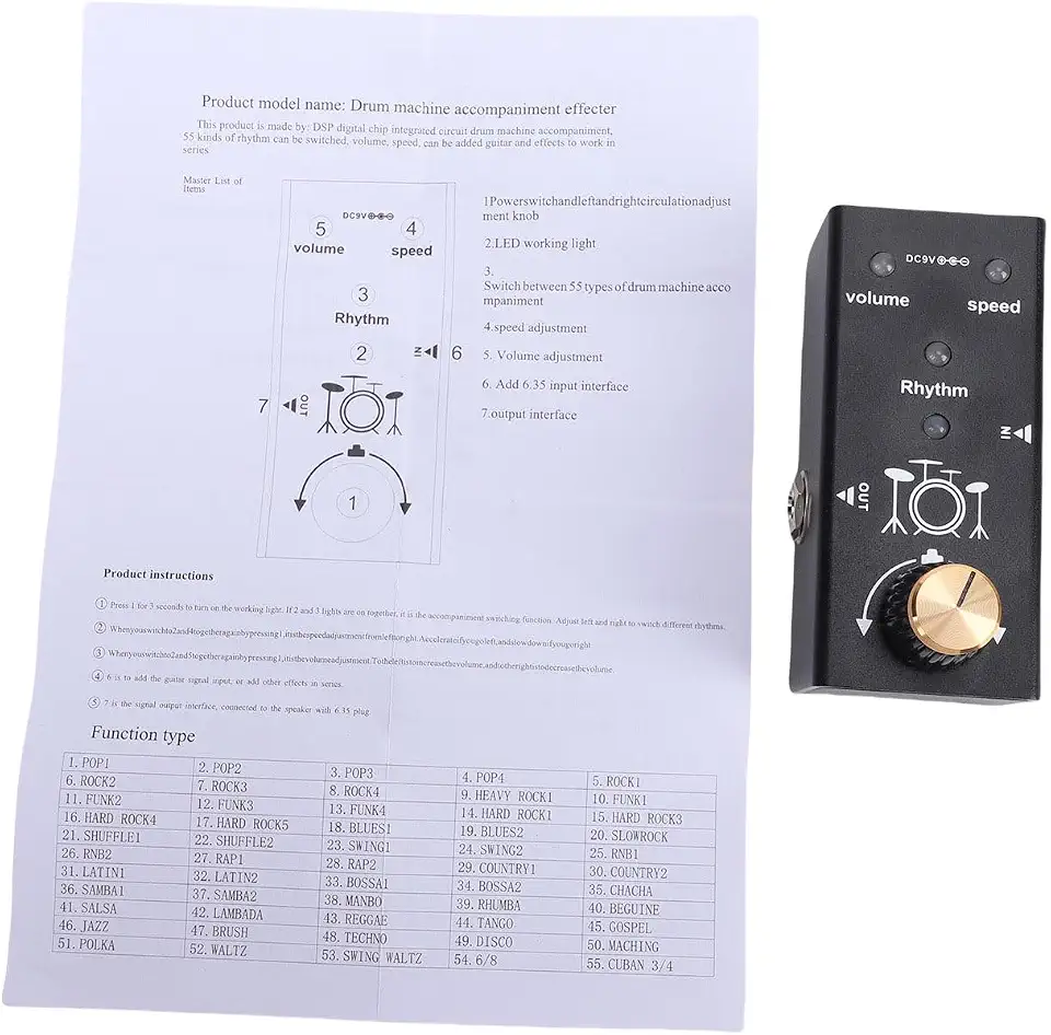 LiebeWH Pedal Looper para Guitarra Elétrica Com Controle de Velocidade e Volume, Pedal de Efeito para Guitarra Com 55 Padrões Rítmicos para Baixo Elétrico