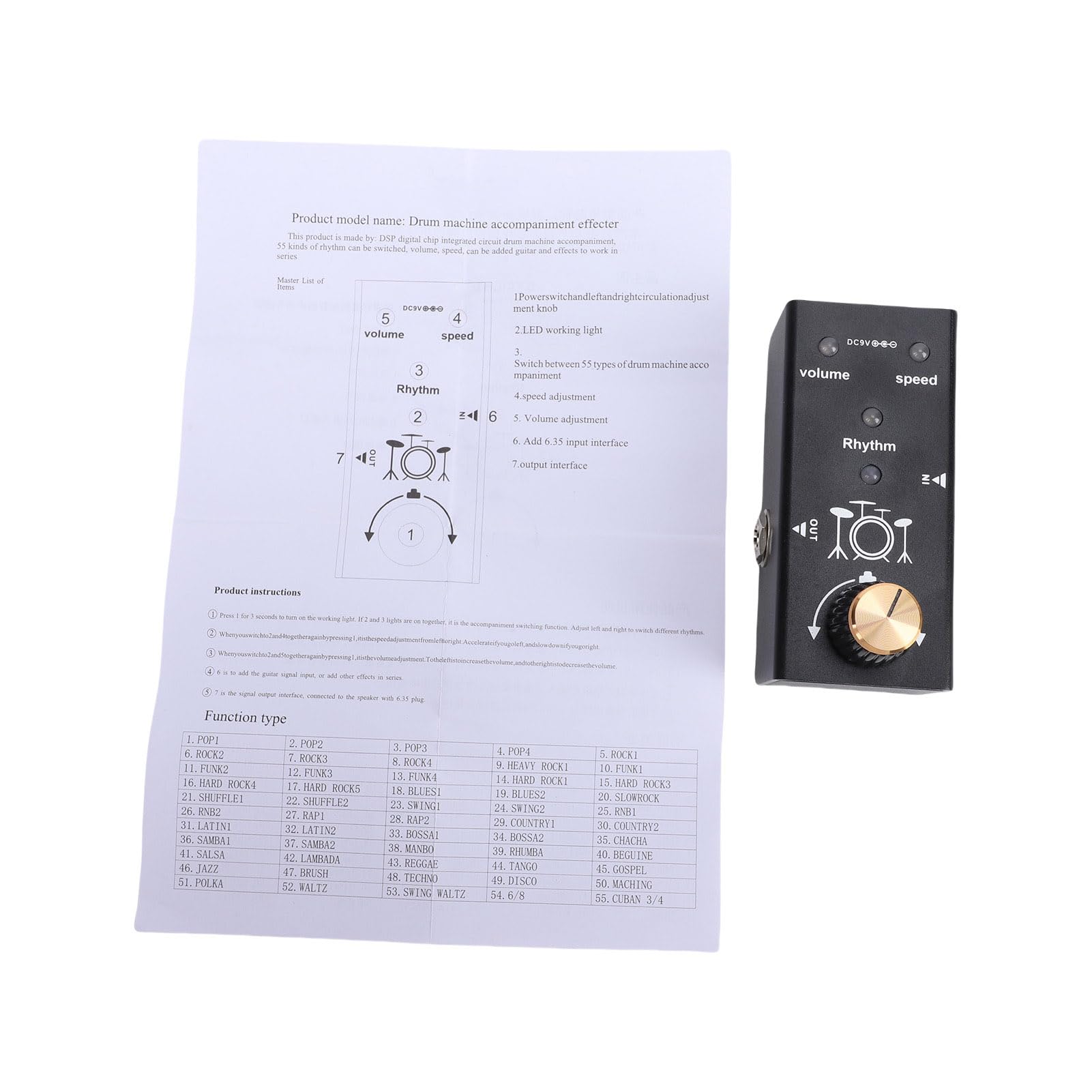 Luocute Pedal de Efectos de Guitarra, Caja de Ritmos Pedal de Guitarra de Efectos de Batería para Máquina con 55 Patrones de Ritmo Control de Volumen de Velocidad True Bypass para