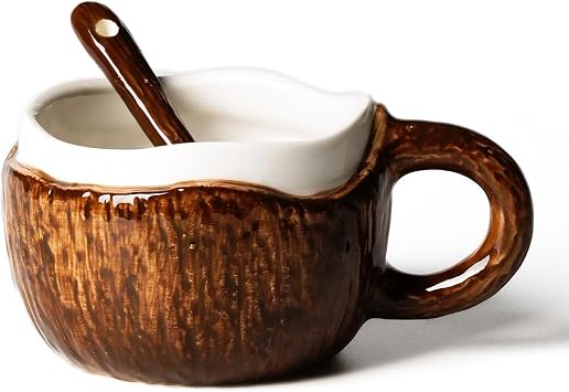 BestAlice Ceramic Coffee Cup, Creative Coconut Shell Shape Cup, Cute Ceramic Coffee Cups with Spoon, Creative Moon Handle Ceramic Mugs, Novelty Coffee Mugs Cups for Tea Milk