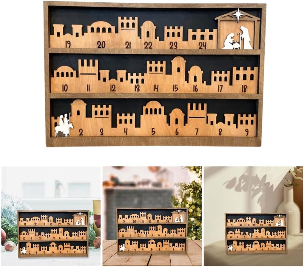 Christmas Nativity Scene Countdowns Calendar with Wood Base and 3D Designs