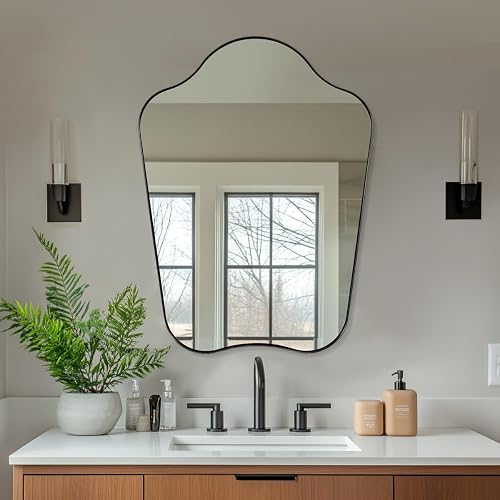 24x32 Inch Matte Black Scalloped Bathroom Mirror for Wall |