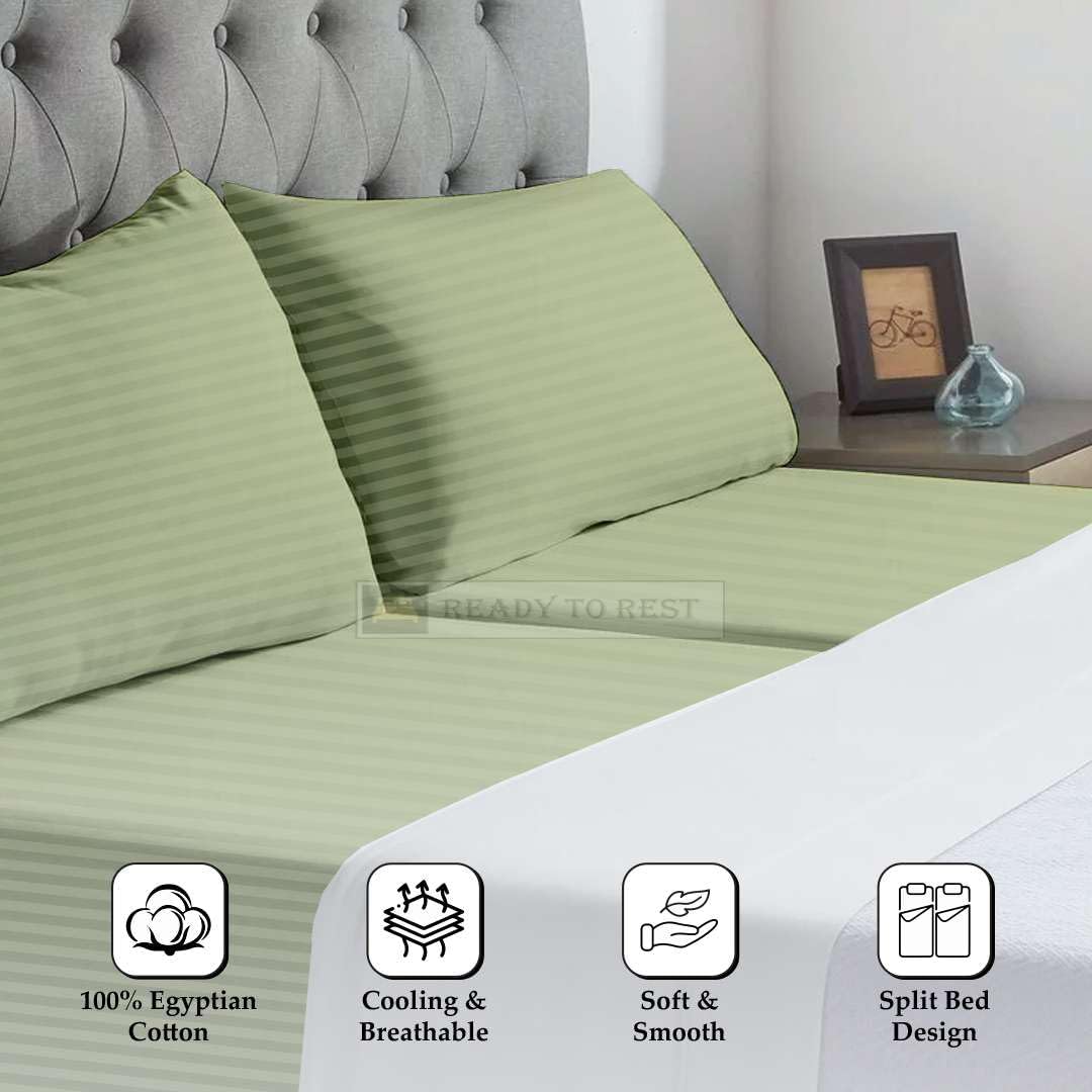 Ready To Rest Split California King 5 Piece Bed Linen Set- 100% Egyptian Cotton- 400 TC- Deep Pocket- Adjustable Split Sheets- Sage Stripe
