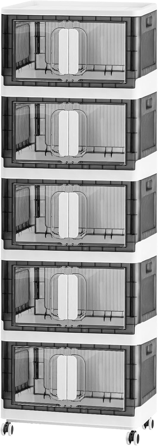 Folding Storage Organizer with Silent casters | Stackable Design for Home & Office, Heavy-Duty Plastic Storage Bin with Clear Door, 3 Sizes (19.5/23.5/27.5in),Black/White (19.7" 5 layer, White)