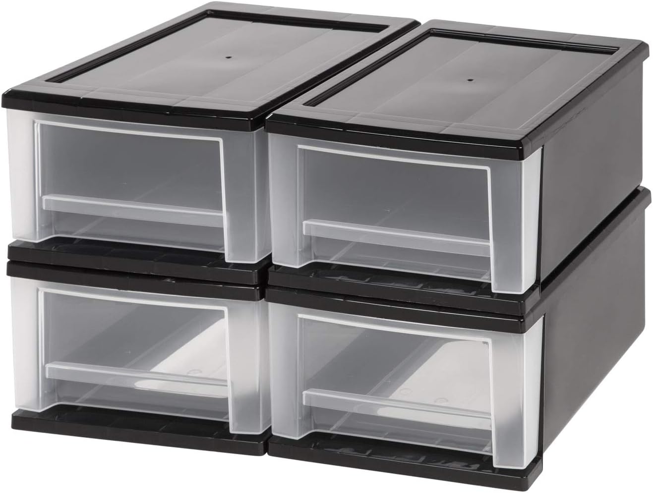 IRIS USA 7 Qt. Plastic Stackable Storage Drawers, Small, 4 Pack, Multi-Purpose Bins for Bedroom, Bathroom, Closet, Craft Room, Garage, Kids Room, Office, Pantry, Under Sink, Black