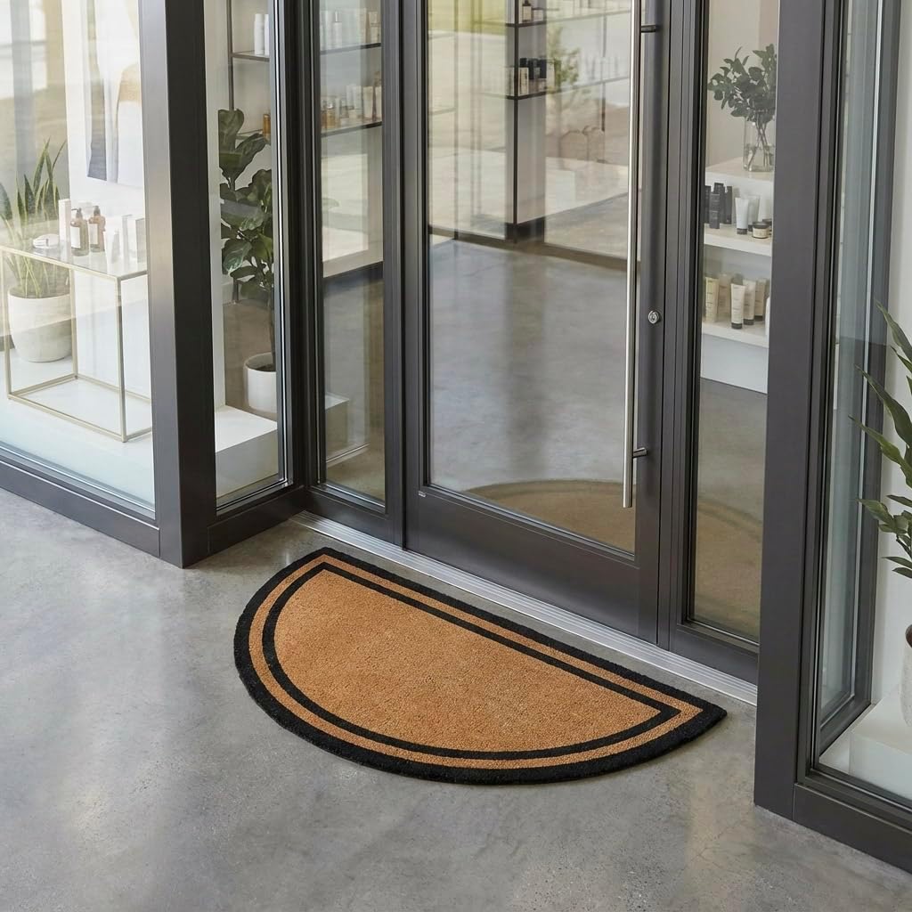Kempf Half Round Black Border Coco Coir Door Mat, 24" x 48", Woven Backed, Heavy Duty Outdoor, Natural Fiber Entrance Mat for Front Door, Patio, Porch