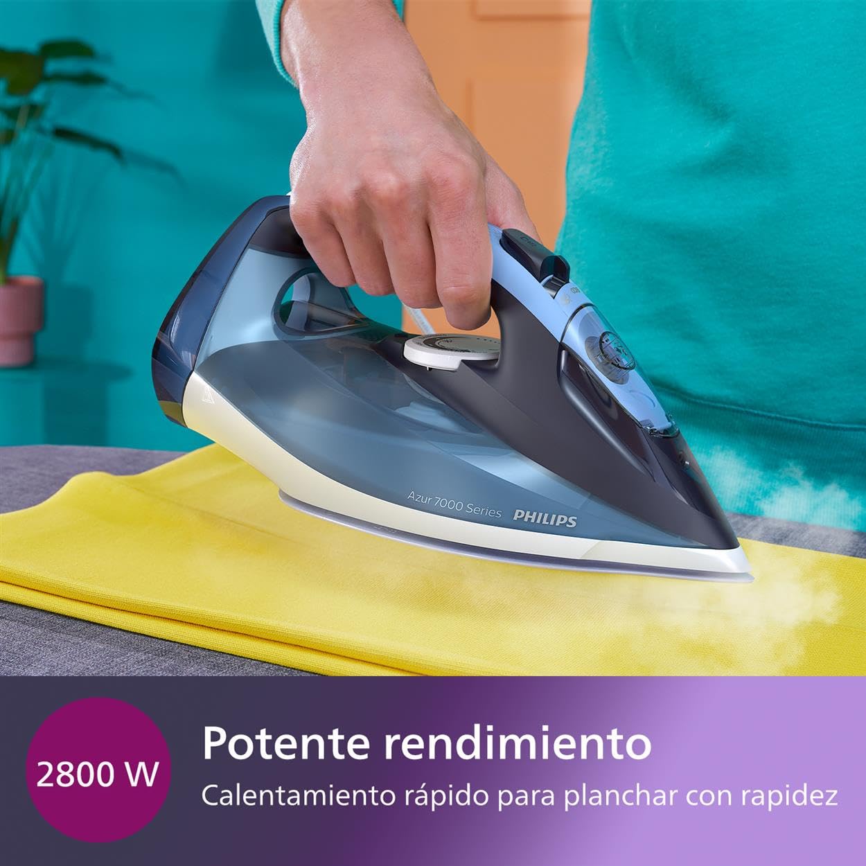 Philips Azur Series 7000 Plancha de vapor - 2800 W, 50 g/min de vapor continuo, 250g de golpe de vapor, vapor vertical, suela SteamGlide Plus, Louros/Algodón Azul (DST7020/20)