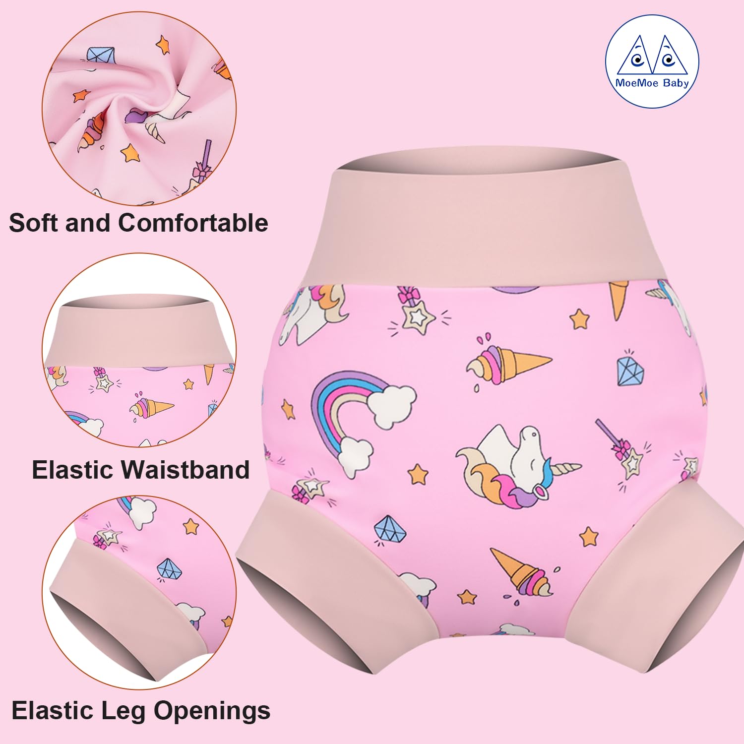 MOEMOE BABY Pannolino da nuoto Riutilizzabile per Bambini Neonato 3 pezzi Rosa S/2T 1-2 Anni