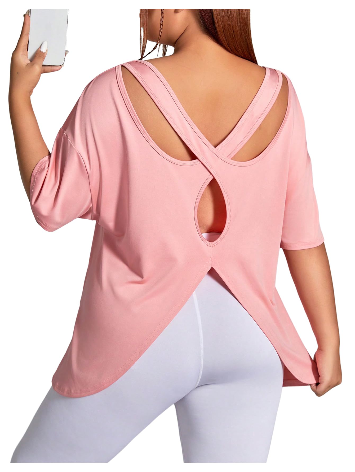 RoseSeek Women's Plus Size Cut Out Criss Cross Back Tee Open Back Short Sleeve Crew Neck Athletic Workout Tops