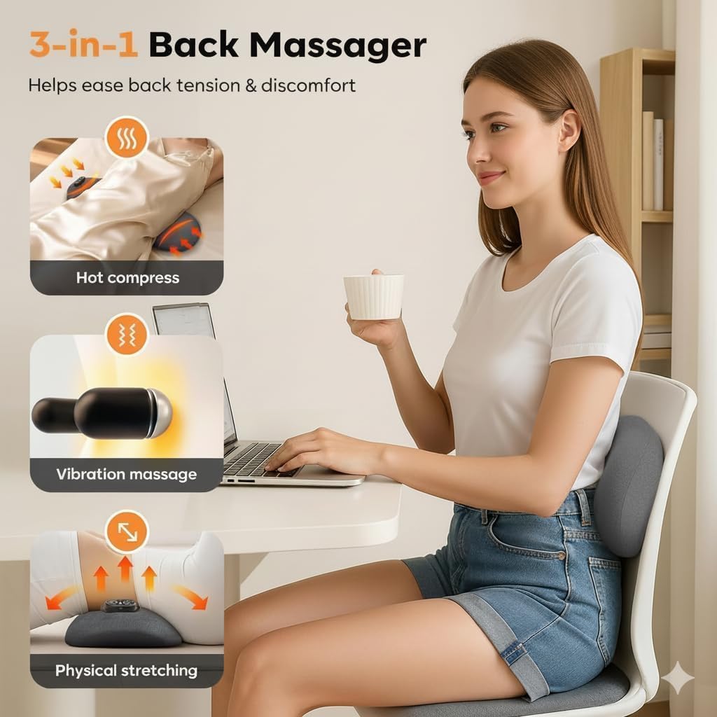 Rechargeable Back Massager with Heat, 3-in-1 Lumbar & Spine Support Massage Pillow with Traction Design, Cordless Portable Lower Back Relaxation Cushion for Home Office (Grey)