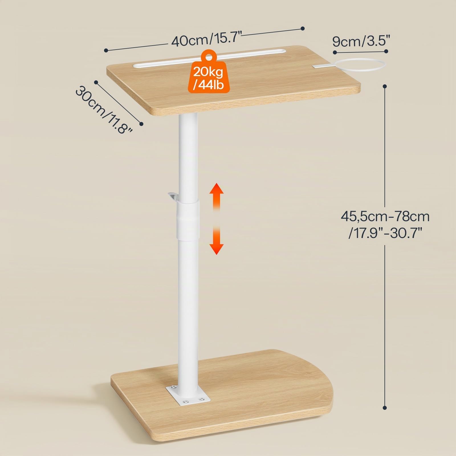 HOOBRO Mesa Auxiliar en Forma de C, Mesa de Sofá Giratoria 360°, Portavasos Extraíble y Ranura para Tableta, Salón, Dormitorio, Blanco y Natural EWN34SF01